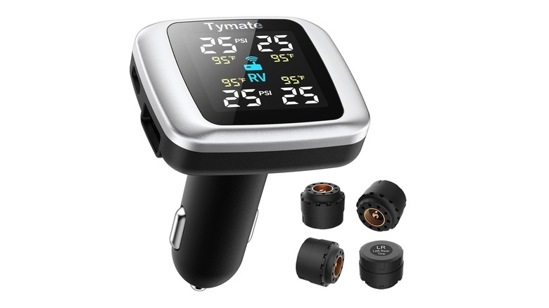 The Tymate TM7 tire pressure monitoring system and its sensors against a white background.