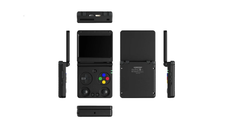 Front, back, side, top, and bottom views of a black clamshell-style ANBERNIC RG34XXSP hand-held gaming console displayed against a white background.