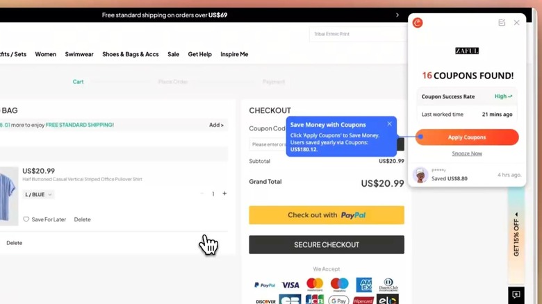 The Coupert app suggesting coupons to use while online shopping on a computer.