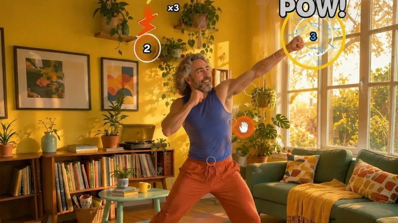 A person playing fitness games on the Wakeout app on a computer.