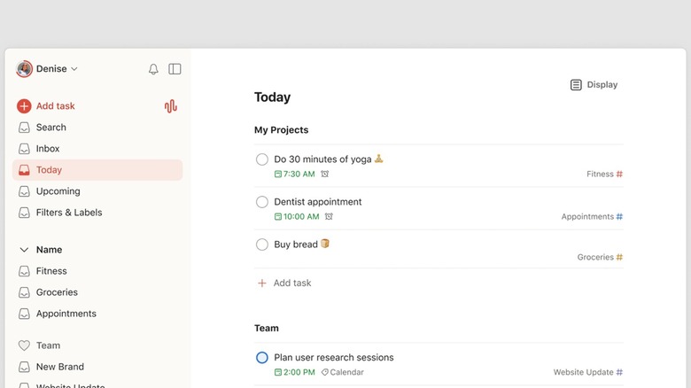 The Todoist app on a computer, showing a personal schedule for the day.