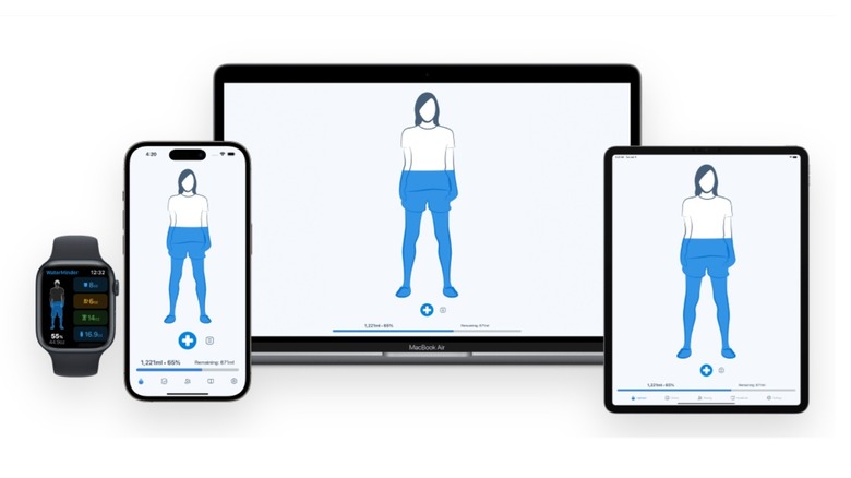 The WaterMinder app on different Apple devices, including a MacBook Air and an iPhone.