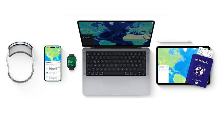 The Flighty app on various Apple devices, including a MacBook and an iPhone.
