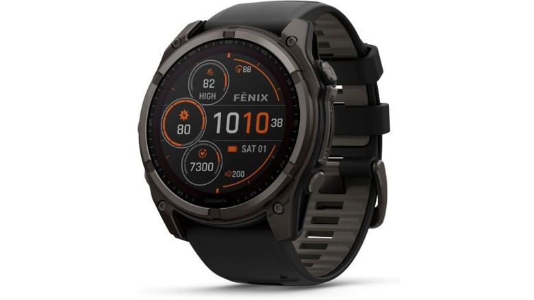 A product render of the Garmin Fenix 8 Solar smartwatch.