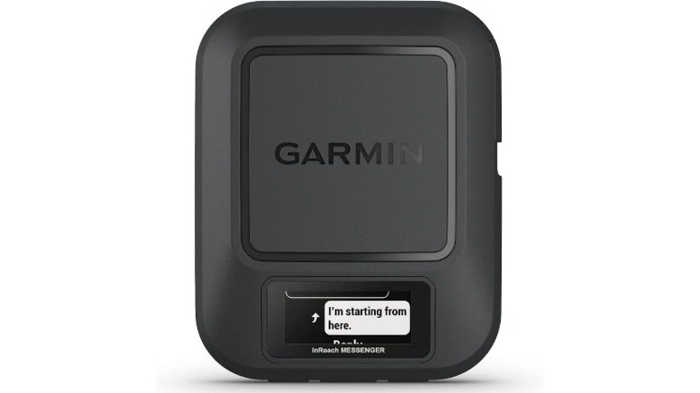 A product render of the Garmin inReach Messenger. The touchscreen displays a text message being sent.