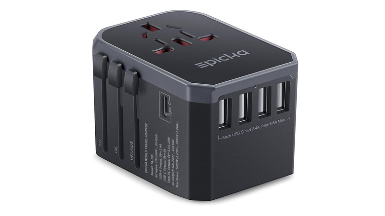 Epicka Universal Travel Adapter on its side showing all outlets on a white background