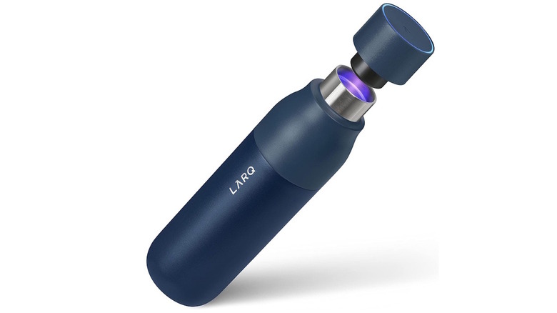 LARQ Self-Cleaning water bottle with top pulled off to show cleaning UV light