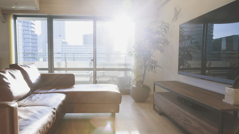 A TV in a very bright living room with glaring light coming in through the window.
