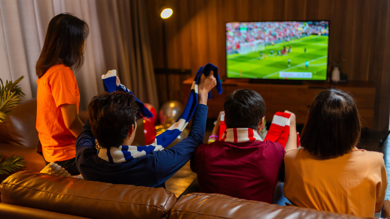 A group of people wearing team colors watch sports on a TV.