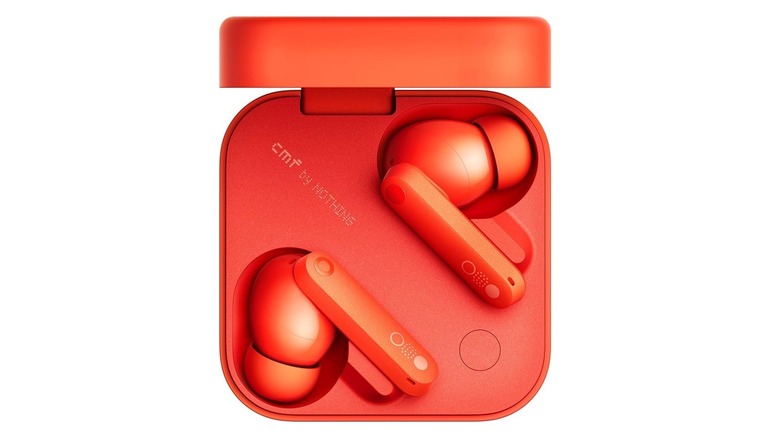 The CMF Buds Pro 2 wireless earbuds in orange, on a white background.
