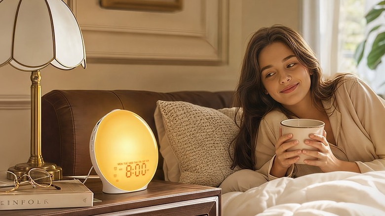 The JALL K8 sunrise alarm clock on a bedside table, with a woman holding a mug on the bed.