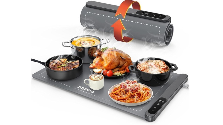 The Feppo WM01 food warming mat, shown both rolled up and used with food.