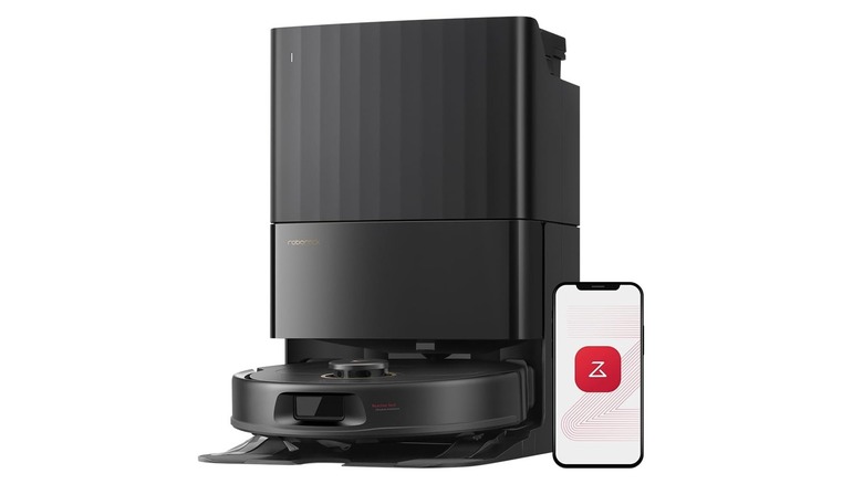 The Roborock Qrevo S5V robot vacuum and mop with its docking station on a white background.
