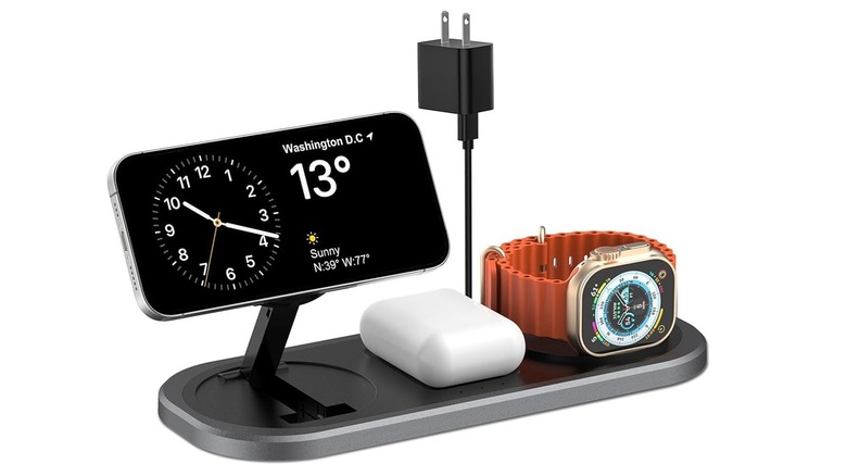 The Tegispak FD-318 3-in-1 wireless charger, charging a phone, wireless earbuds, and smartwatch,