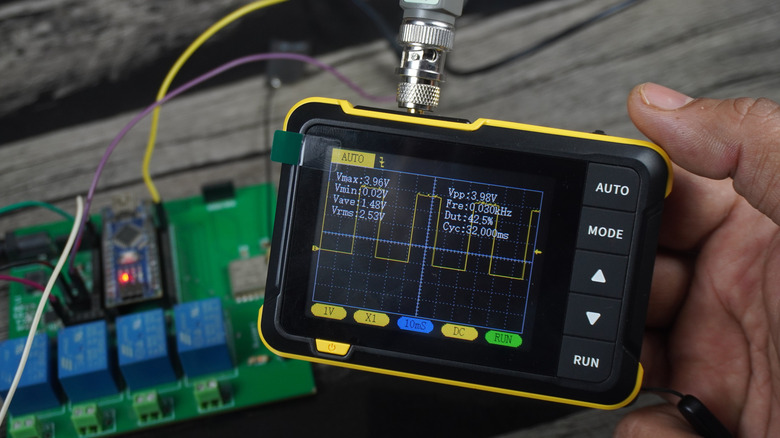 A digital oscilloscope being used to study a circuit's properties