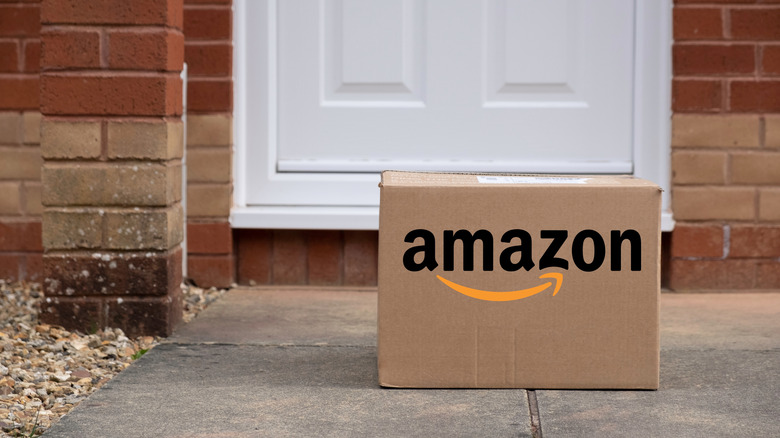 An Amazon package placed in front of a door.