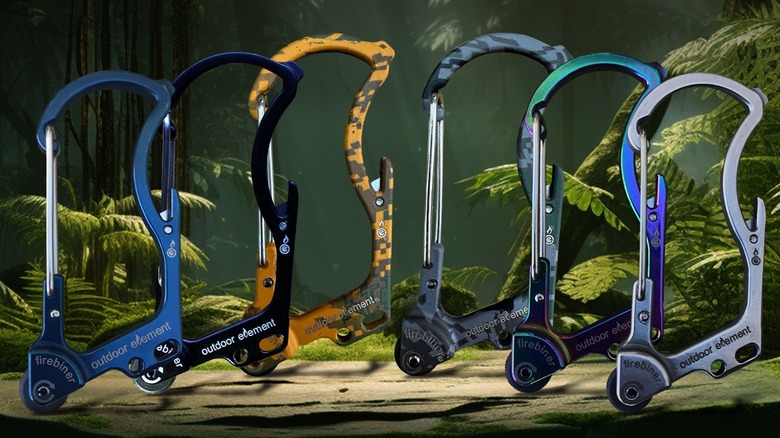 The Outdoor Element Firebiner fire-starter carabiner in six different colorways.