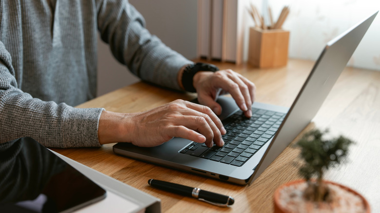 A man typing on a laptop at his desk with a pen and potted plant on one side