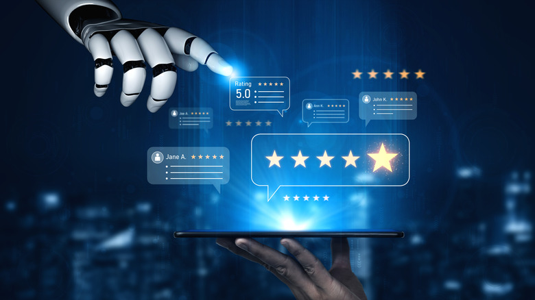 Digital robot hand pointing at reviews and ratings