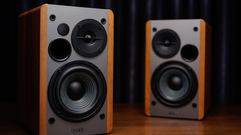 Edifier bookshelf speakers with a wooden finish