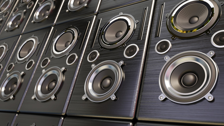 A wall of stacked hi-fi speakers