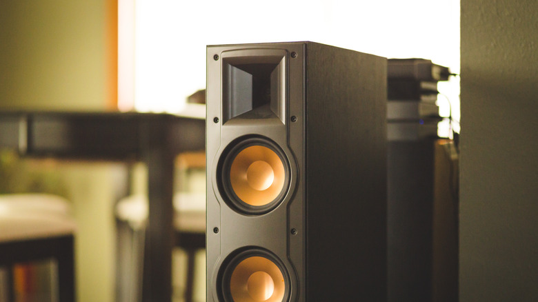 A Klipsch standing speaker in a bright room