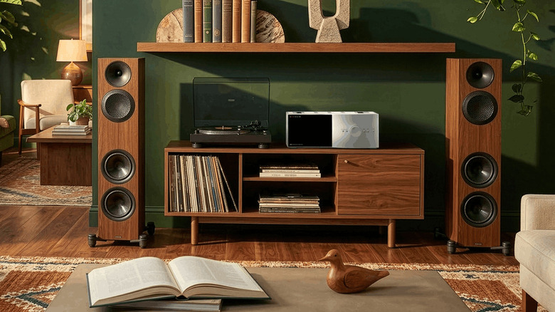 Paradigm floor standing speakers in a room near a turntable