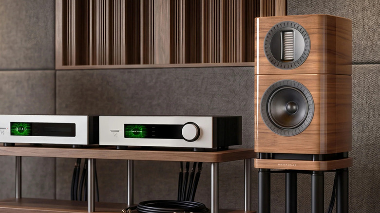 A Wharfedale speaker connected to a hi-fi setup