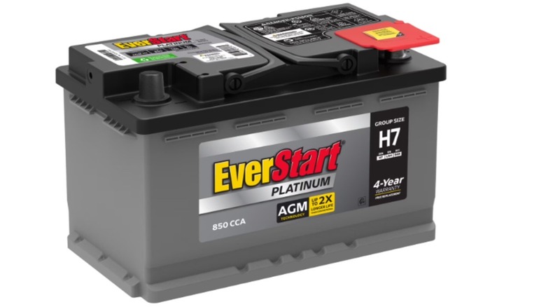 An EverStart Platinum AGM car battery on a white background.