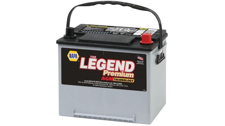 The NAPA The Legend Premium AGM BAT983585 car battery on a white background.