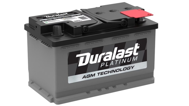 A Duralast Platinum AGM car battery on a white background.