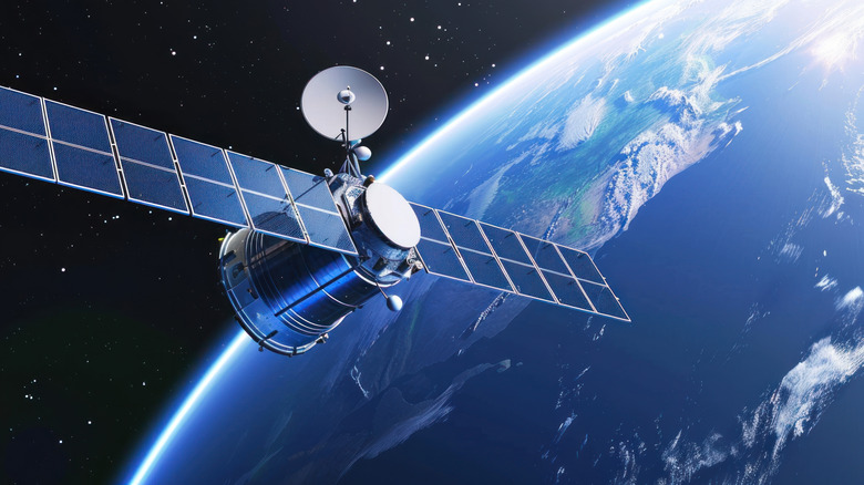 Modern telecommunication satellite in high-orbit around the earth