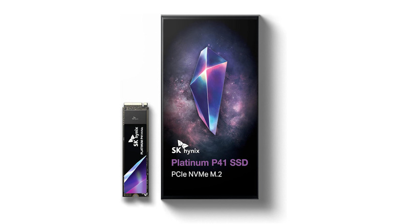 SK Hynix Platinum P41 SSD card next to box and logo