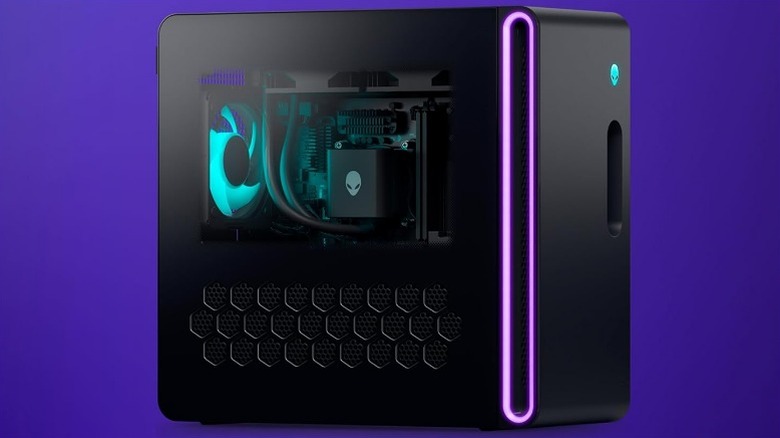 Transparent side-view of a Alienware Aurora gaming PC against a blue background.
