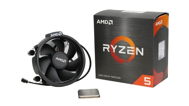 Box of AMD Ryzen 5, a CPU and a CPU cooler against a white background.