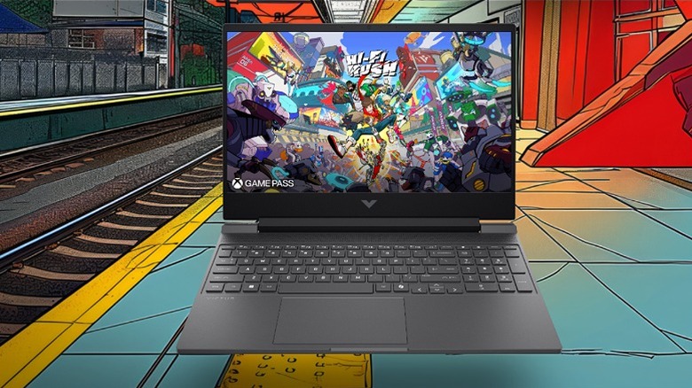 Hi-Fi Hush game screen on a laptop against a comical background.