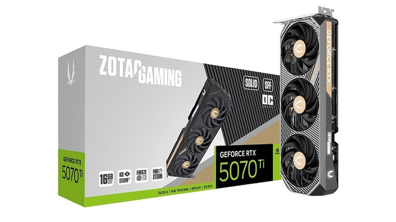 Box of Zotac Nvidia GeForce RTX 5070 and a GPU on the side.
