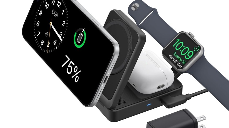 Product render of the Anker MagGo wireless charging station with Apple Watch, iPhone, and Airpods placed on it.