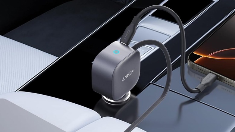 Anker Nano 75W fast charger plugged into a car port