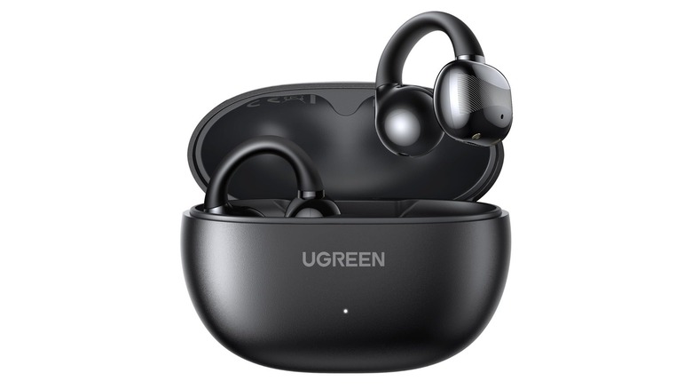 The Ugreen HiTune S3 open-ear earbuds and their charging case, on a white background.