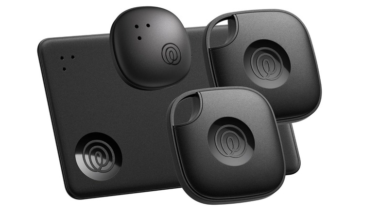 Life360 Tile Essentials Bluetooth trackers and an item locator on a white background.