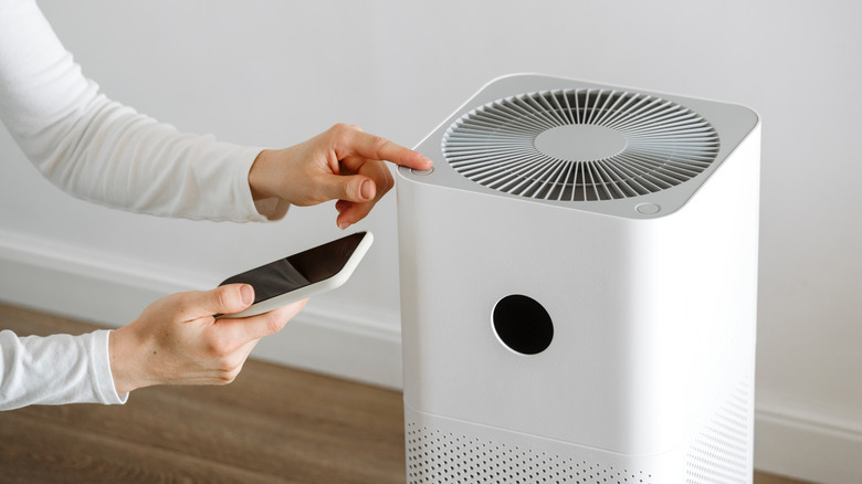 a person using a smartphone to control a smart air purifier