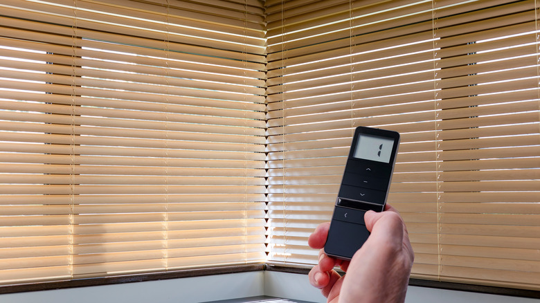 a person using a remote to control smart window blinds