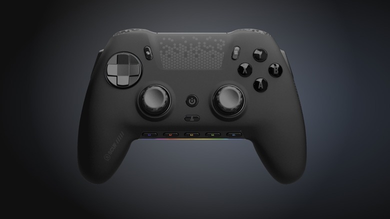 Close up of the SCUF Envision Pro gaming controller on a dark background