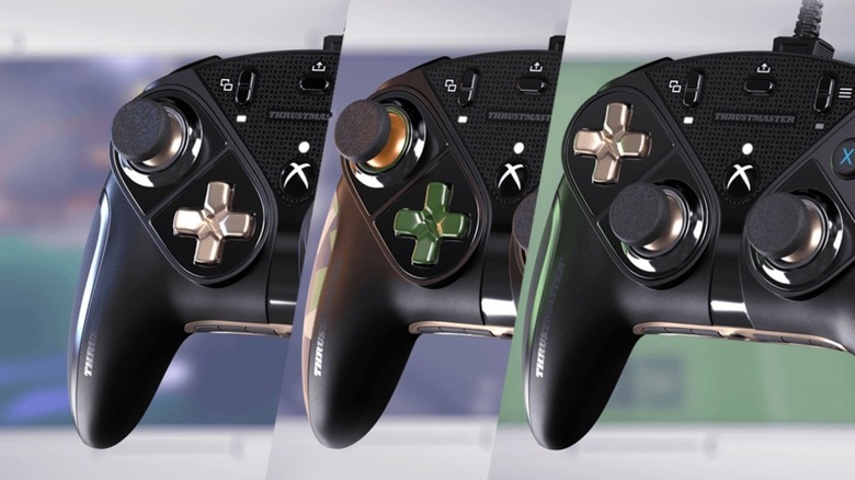 Three configurations of the Thrustmaster ESwap X Pro controller with module and colors swapped