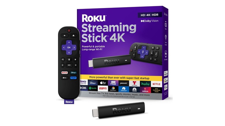 The Roku Streaming Stick 4K with its remote and box.