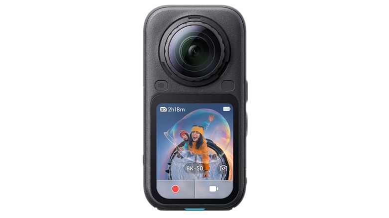 The Insta360 X6 8K 360 camera with its display showing footage on a white background.