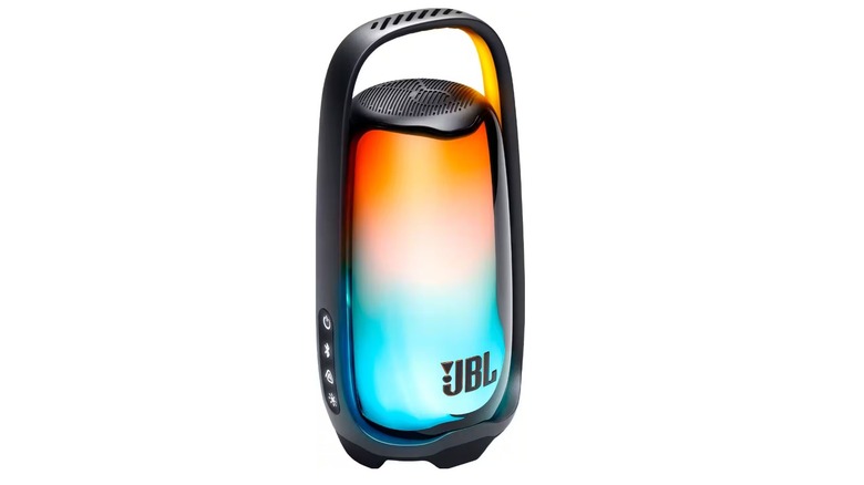 The JBL Pulse 6 Bluetooth speaker with its lights activated on a white background.