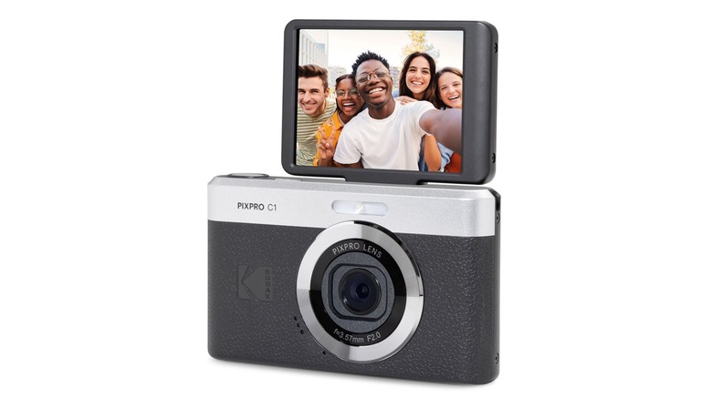 The Kodak Pixpro C1 digital camera with its screen flipped up, on a white background.