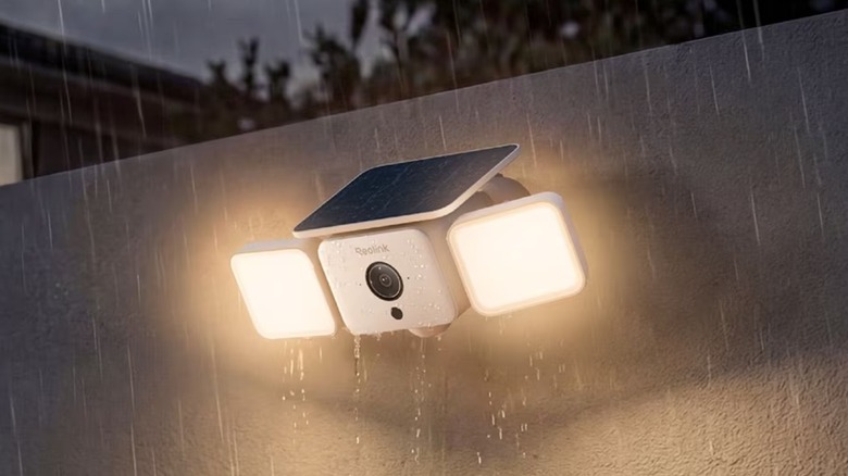 The Reolink F310B solar floodlight security camera installed outdoors, under the rain.